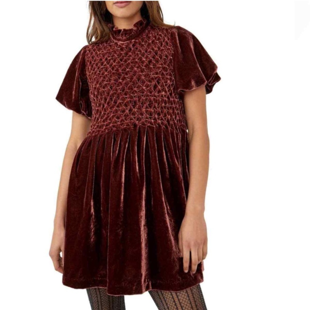 Free People Gum Drop Velvet Dress Mini Smocked Maroon Chocolate Brown Size XS